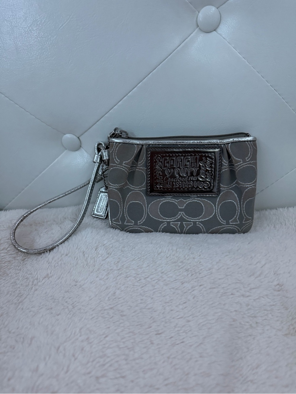 Coach Poppy Metallic Silver Signature Wristlet